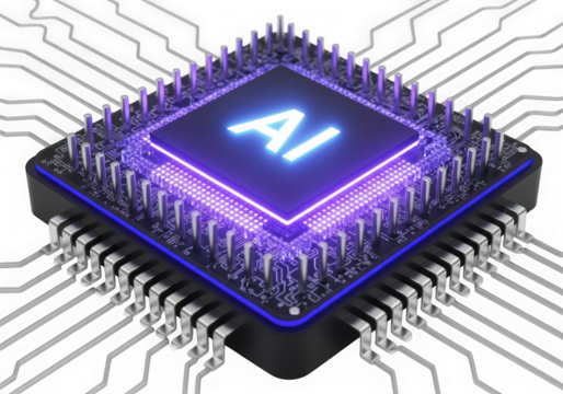 Ai processor chip with glowing blue and purple lights isolated on transparent background