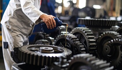 Industrial worker applying lubricant oil to heavy metal gears. Concept of machinery maintenance and engineering.