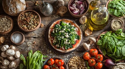 Freshly prepared vegetarian pizza with assorted ingredients.