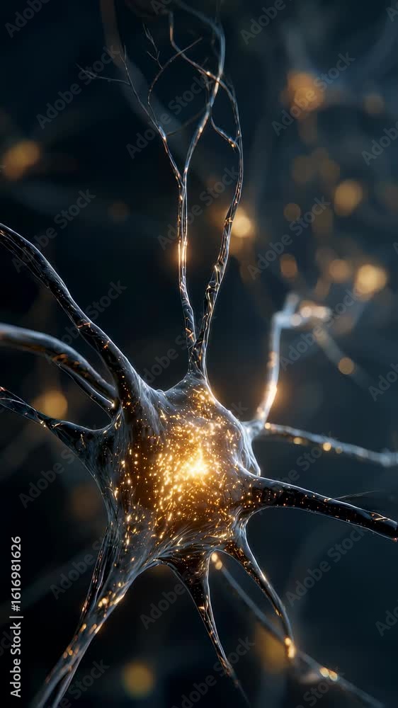 Poster futuristic representation of a neural network in motion featuring glimmering connections and dynamic