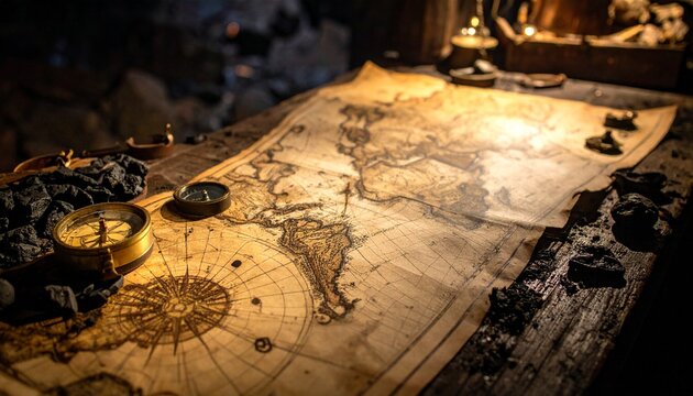 Antique world map and a brass compass on a rustic wooden table, evoking a sense of adventure and historical exploration