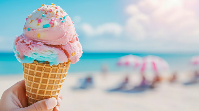 A hand holding a vibrant, melting ice cream cone with sprinkles against a sunny beach and ocean backdrop, evoking a delightful summer vacation feeling. - Powered by Adobe
