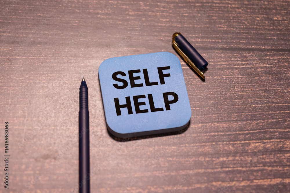 Poster man putting a card with text self help in the pocket.