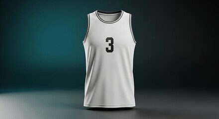 A white basketball jersey with the number three stands center stage, brightly lit.