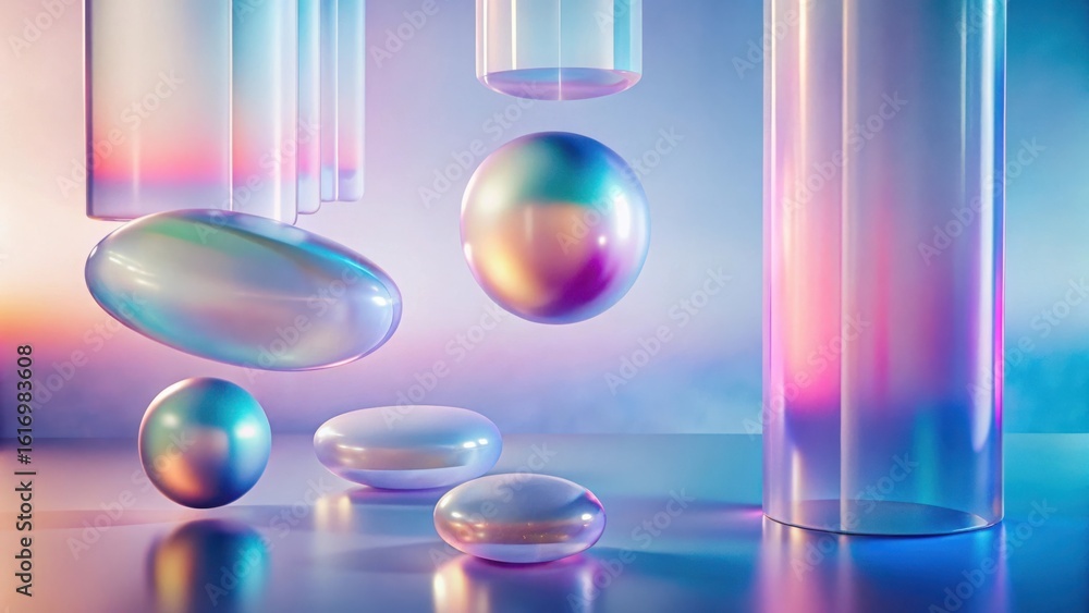 Poster iridescent ovals and cylinders float in a dreamy colorful light display