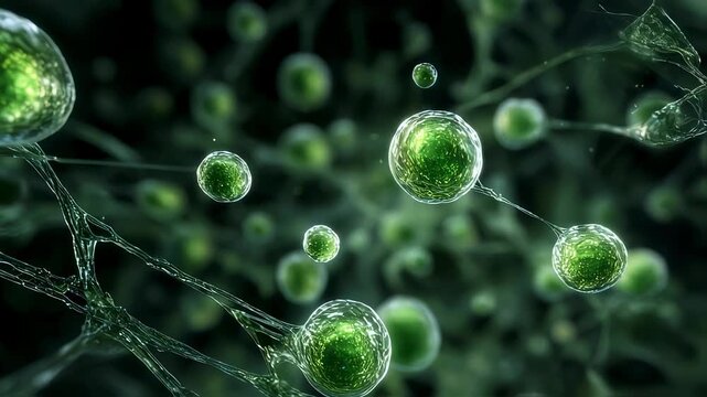 Scientific animation depicting the growth of green nitrogen bubbles within vascular networks leading to decompression illness effects.