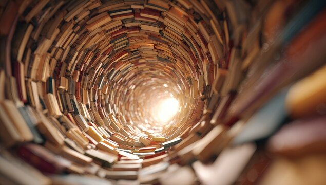 Books spiraling into a light tunnel