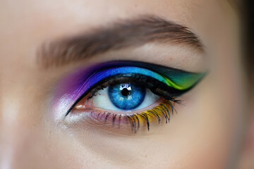 Obraz premium Close-Up of a Captivating Blue Eye with Vibrant and Artistic Makeup Featuring a Spectrum of Colors and Intricate Details Highlighting Beauty and Expression