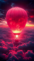 Fototapeta premium A radiant hot air balloon soaring above mystical magenta clouds at sunset, a dreamlike journey for adventure and serenity.