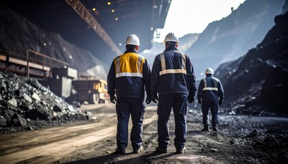 Industrial workers in safety uniforms and hard hats observe their vast, rugged mining or heavy construction site, embodying dedication and teamwork in a challenging large-scale environment.