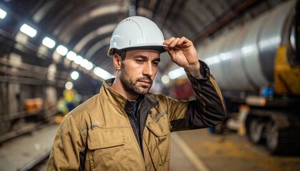 Young male engineer in a hard hat and safety vest standing thoughtfully inside an underground subway construction tunnel.