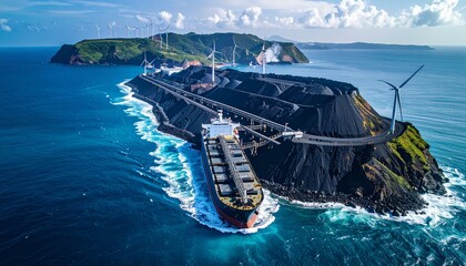 Coastal Coal Stockpile with Wind Turbines and Cargo Ship Docking, Maritime Energy Landscape