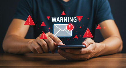 Email Security Warning: Hands Holding Smartphone with Digital Envelope and Exclamation Marks for Cyber Threat Alerts
