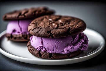 Fototapeta premium blackberry double chocolate cookie ice cream sandwiches on a plate