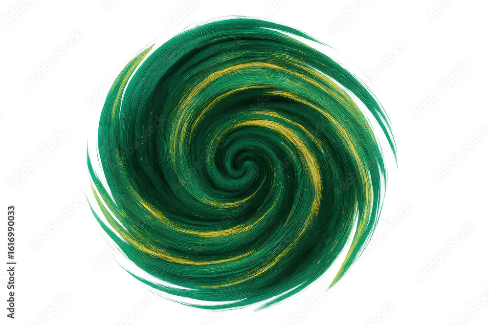Poster green, gold brushstrokes swirling dynamically, creating abstract vortex with transparent background 