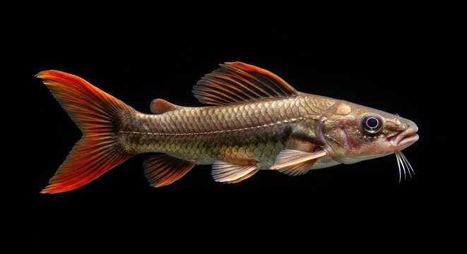 Close-up studio shot of a vibrant labeo erythrurus fish against a black background