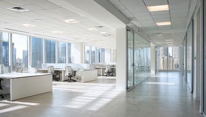 Obraz premium Modern, bright office interior with city views