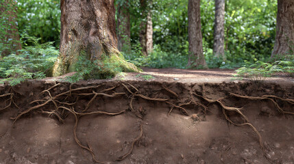 Fototapeta premium Exploring the intricate root system beneath the forest floor in springtime