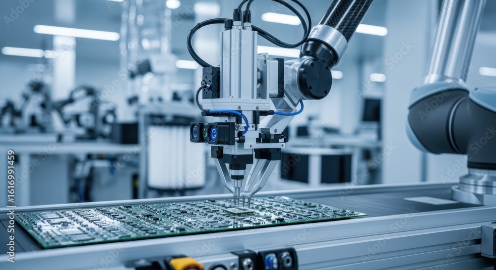 Aufkleber precision robotics technology assembling electronic circuit boards in a clean factory environment.