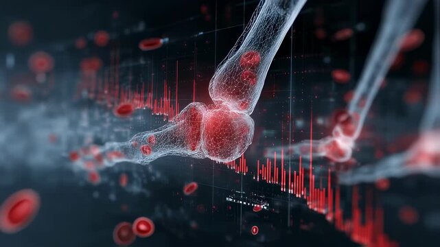 Conceptual footage displaying fading marrow space inside bone structure overlaid with realtime blood count charts trending downward in aplastic anemia context.