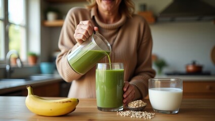 Warm kitchen scene of a woman making a bone-healthy smoothie with spinach, almond milk, and chia seeds, promoting family wellness