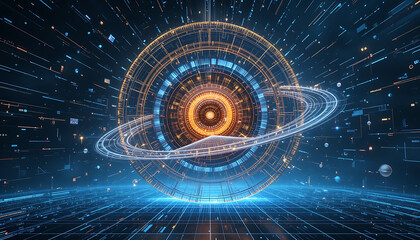 Futuristic Glowing Data Sphere with Orbiting Rings in Digital Space