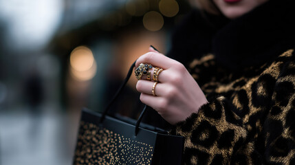 Fashionable woman holding a shopping bag adorned with elegant rings in urban setting