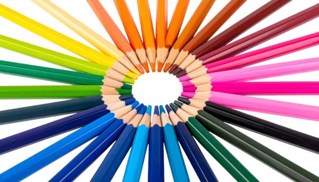 Vibrant colored pencils arranged in a circular pattern, showcasing a spectrum of hues for creative expression.