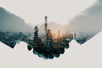 Business handshake overlaid with industrial cityscape