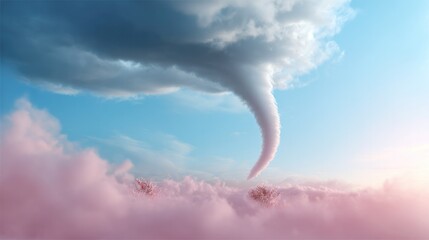 Tornado in the Sky: A striking image of a powerful tornado gracefully descends from a dramatic cloud formation, creating a captivating juxtaposition of power and beauty.