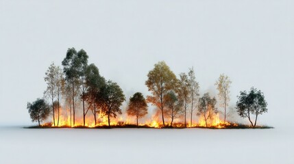 Burning Forest: A stark scene of a forest consumed by flames, with smoke billowing amidst the trees, showcasing the devastating impact of wildfires.