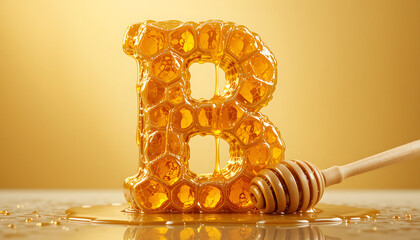 Honeycomb Letter M with Dripping Honey Dipper on Yellow Background