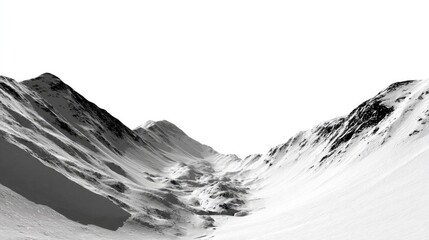 Mountainous Snowscape: A stark, high-contrast, and beautiful black-and-white photo showing the rugged beauty of snow-covered mountainscape