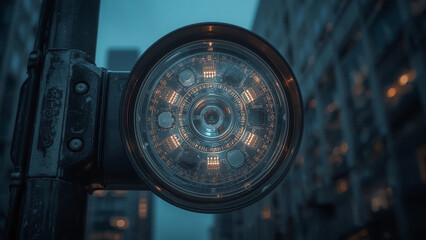 Fototapeta premium Industrial Surveillance: A close-up view of a detailed surveillance camera, offering a glimpse into urban security and technological innovation, against a backdrop of a cityscape.