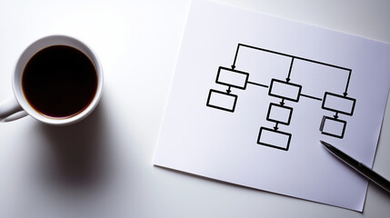 Flowchart design and coffee break at a workspace table on a bright morning