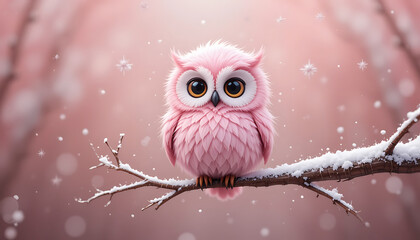 Whimsical pink owl perched on snowy branch with enchanting pastel background