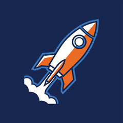 Stylized Rocket Launching with Smoke Trail on Dark Blue Background.