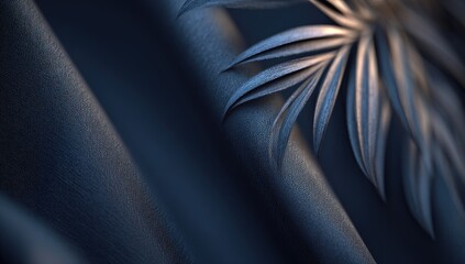 Dark fabric drapes with a palm leaf