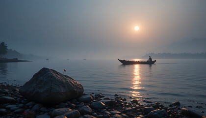 Misty sunrise over tranquil lake with fishing boat and glowing reflections