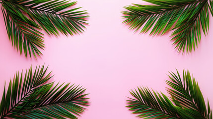 Vibrant green palm leaves frame a soft pink background for a tropical effect