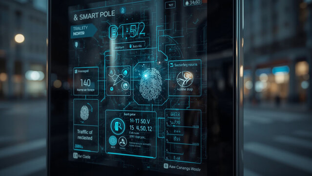 Futuristic Smart Pole in Cityscape: A sleek, technologically advanced smart pole displays interactive data, integrated into a bustling cityscape. It represents modern urban innovation.