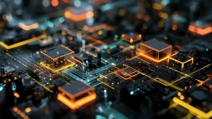Abstract representation of a glowing circuit board highlighting interconnected processors and vibrant colors evoking a sense of futuristic innovation and advanced technology.
