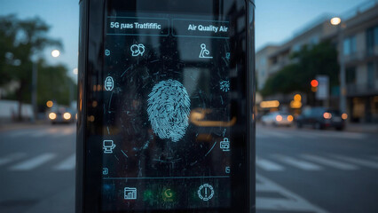 Intelligent Public Urban Tech: An illuminated digital panel with a fingerprint, presenting data points within an urban cityscape, symbolizing innovation and interconnectedness.