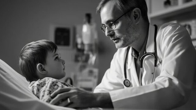 Compassionate interaction between a doctor and young patient in a hospital setting.