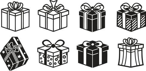 Eight black and white vector silhouette icons of gift boxes with bows present ribbon