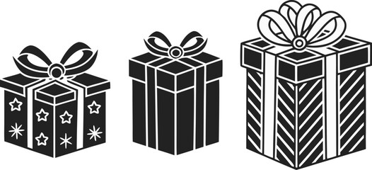 Three isometric vector silhouette gift boxes with ribbons and patterns present celebration