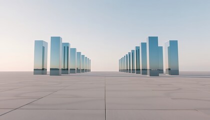 Obraz premium Reflective Pillars Landscape Art Installation Minimalist Modern Architecture Photography