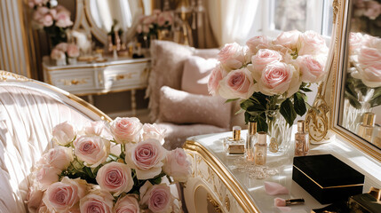 Luxurious vanity setup with fresh pink roses and elegant decor in a sunlit room