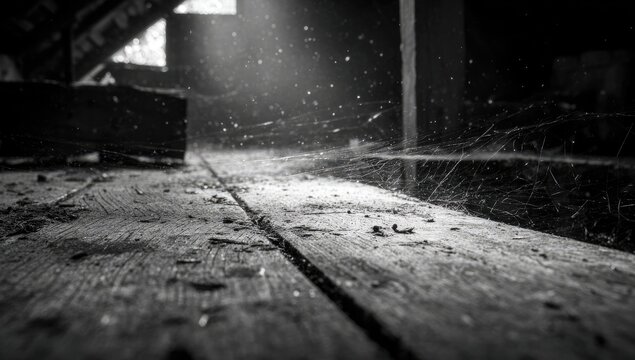 Dusty attic floor in grayscale