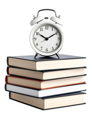 Naklejka premium Alarm clock resting on a stack of books symbolizing education, knowledge, and time management